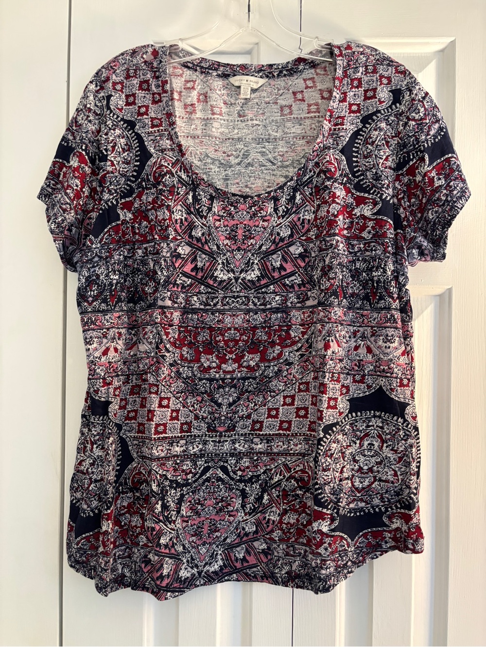 Lucky Brand Red White & Blue Bohemian Print Scoop Neck Top 1X